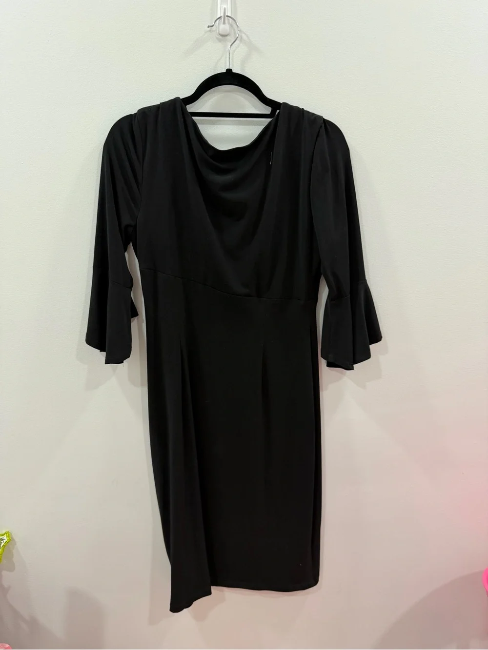 Connected Apparel Black Cowl-Neck Midi Dress with Side Draping Size 10 - Picture 5 of 7